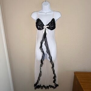 Womens Coquette Sheer Mesh Lace Babydoll Slip Ruffle Festival Dainty Bridal Bow